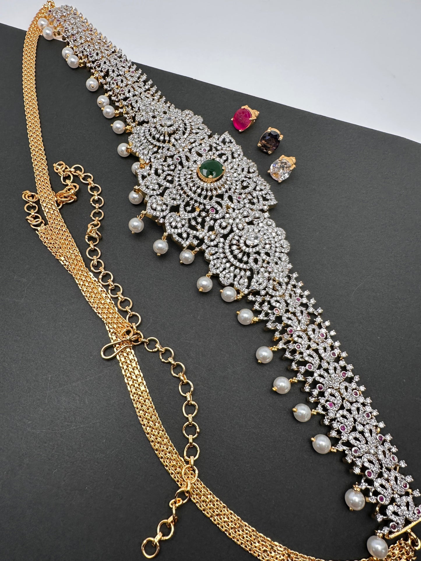 AD Diamond Changeable Color Stone Pearls Hip Chain Kamarbandh
