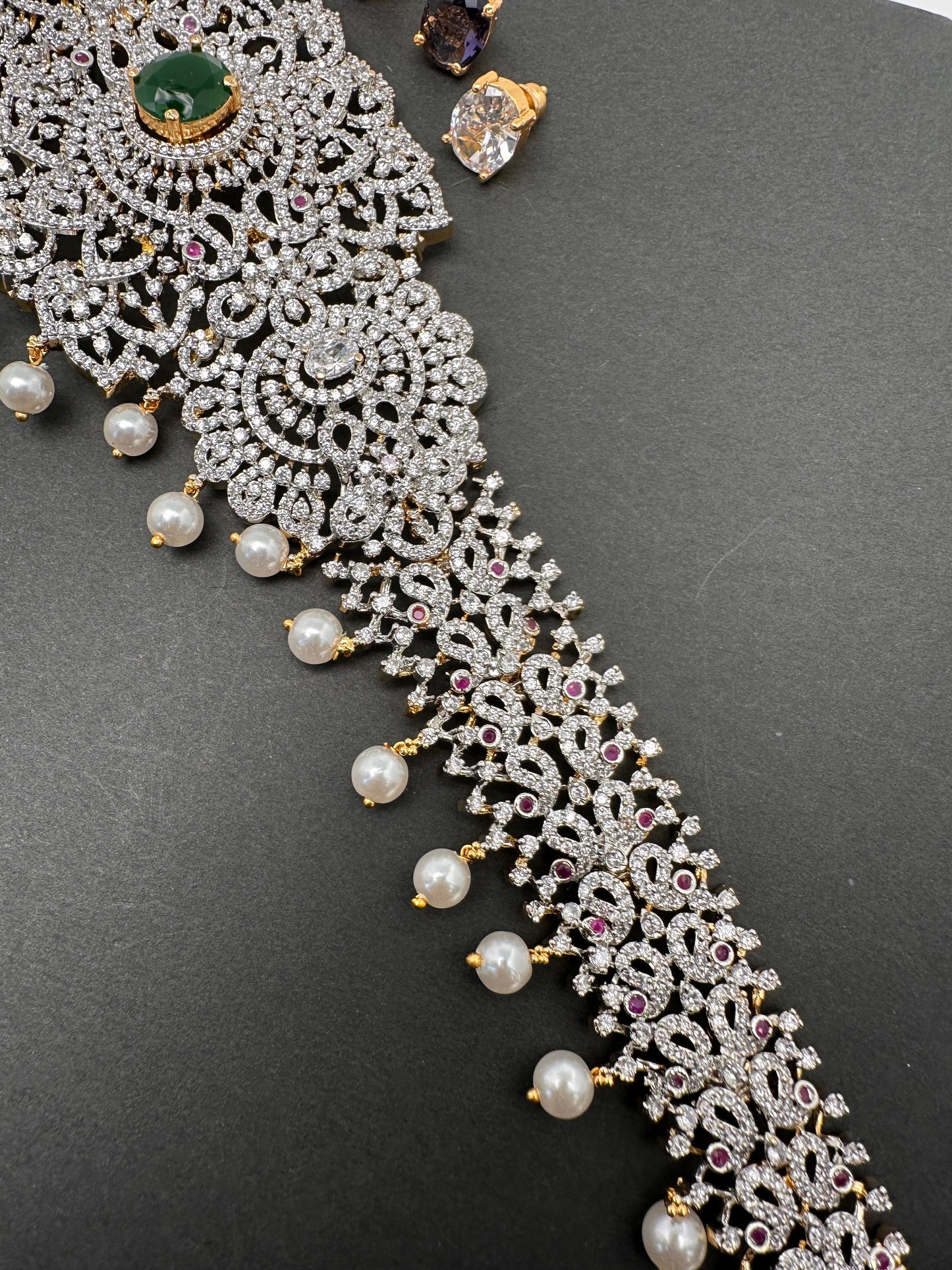 AD Diamond Changeable Color Stone Pearls Hip Chain Kamarbandh