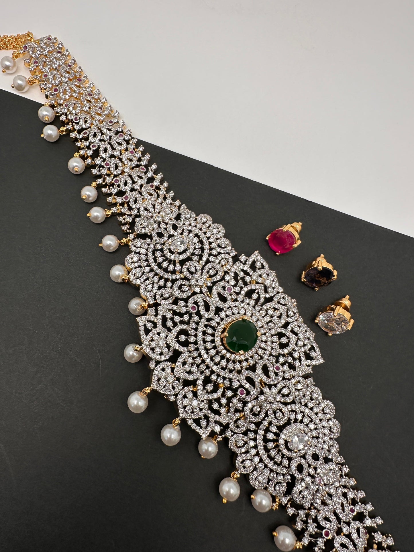 AD Diamond Changeable Color Stone Pearls Hip Chain Kamarbandh