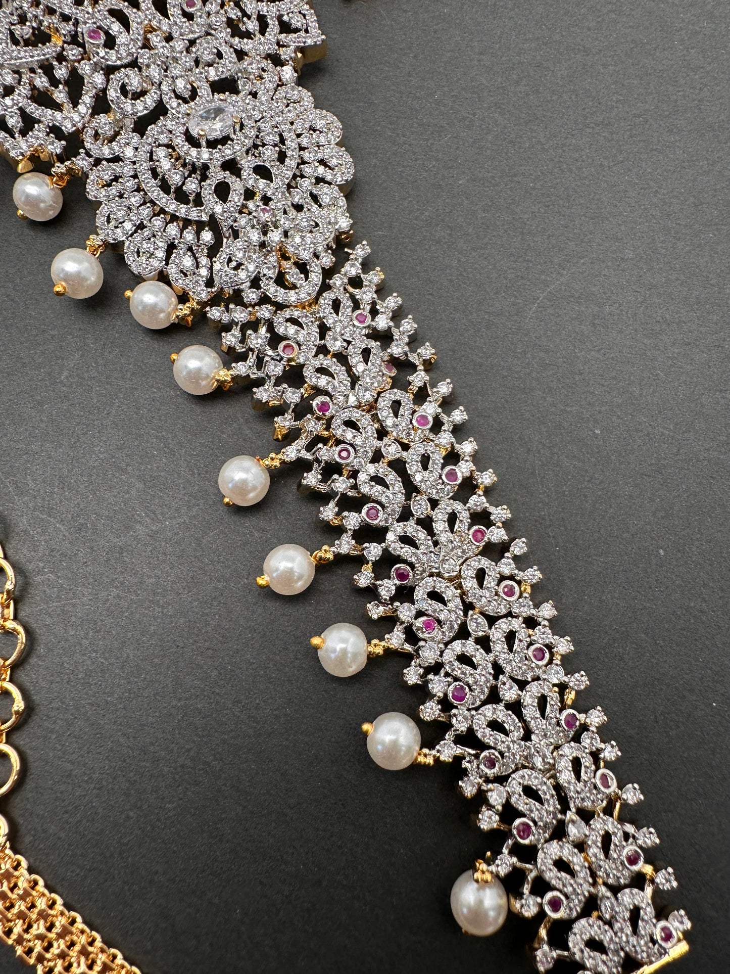 AD Diamond Changeable Color Stone Pearls Hip Chain Kamarbandh