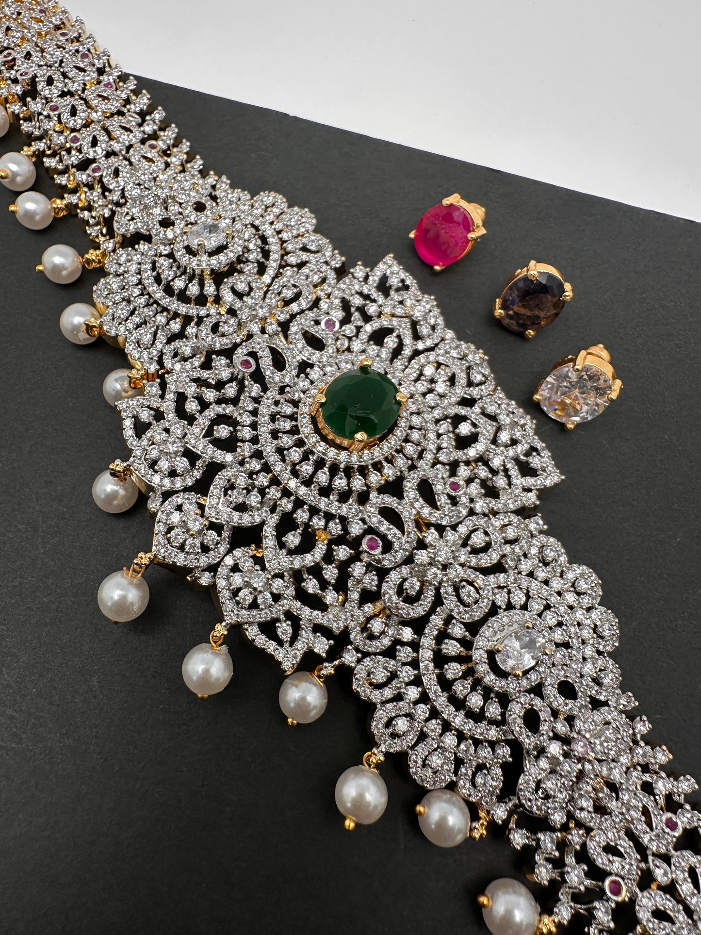 AD Diamond Changeable Color Stone Pearls Hip Chain Kamarbandh