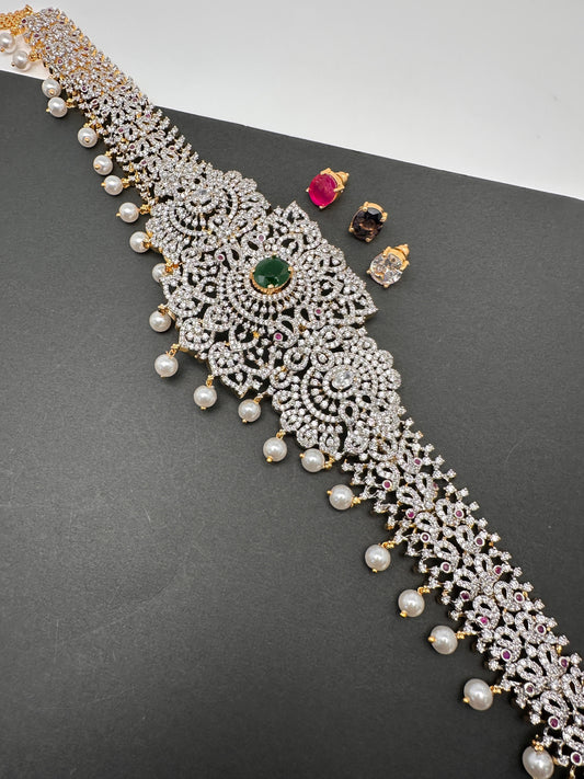 AD Diamond Changeable Color Stone Pearls Hip Chain Kamarbandh