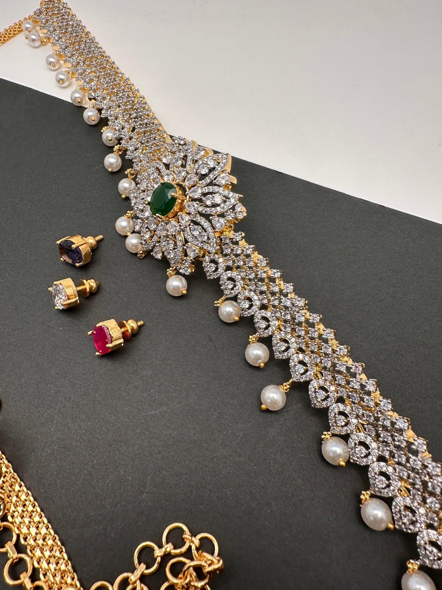 AD Diamond Changeable Color Stone Pearls Hip Chain Kamarbandh