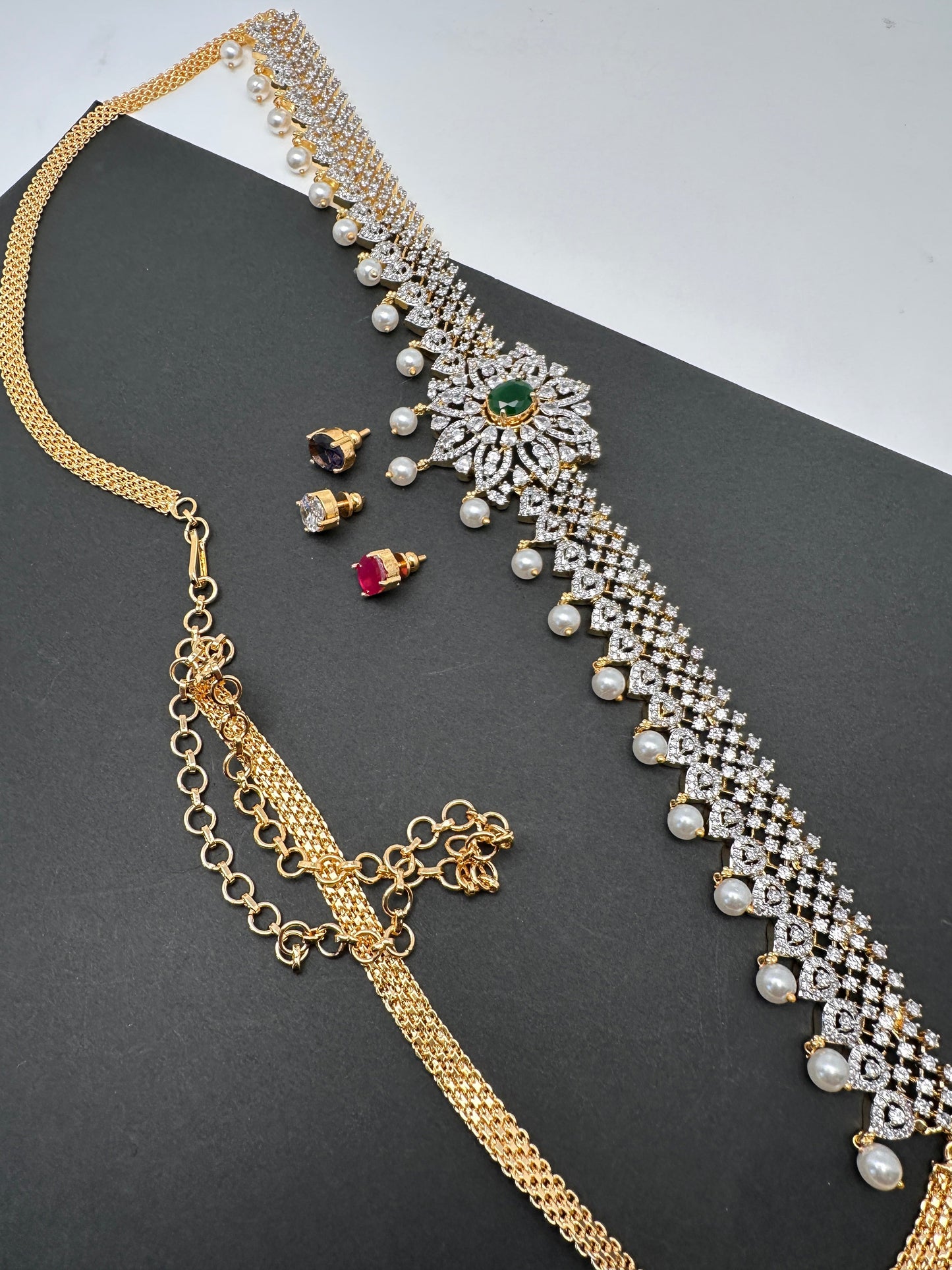 AD Diamond Changeable Color Stone Pearls Hip Chain Kamarbandh
