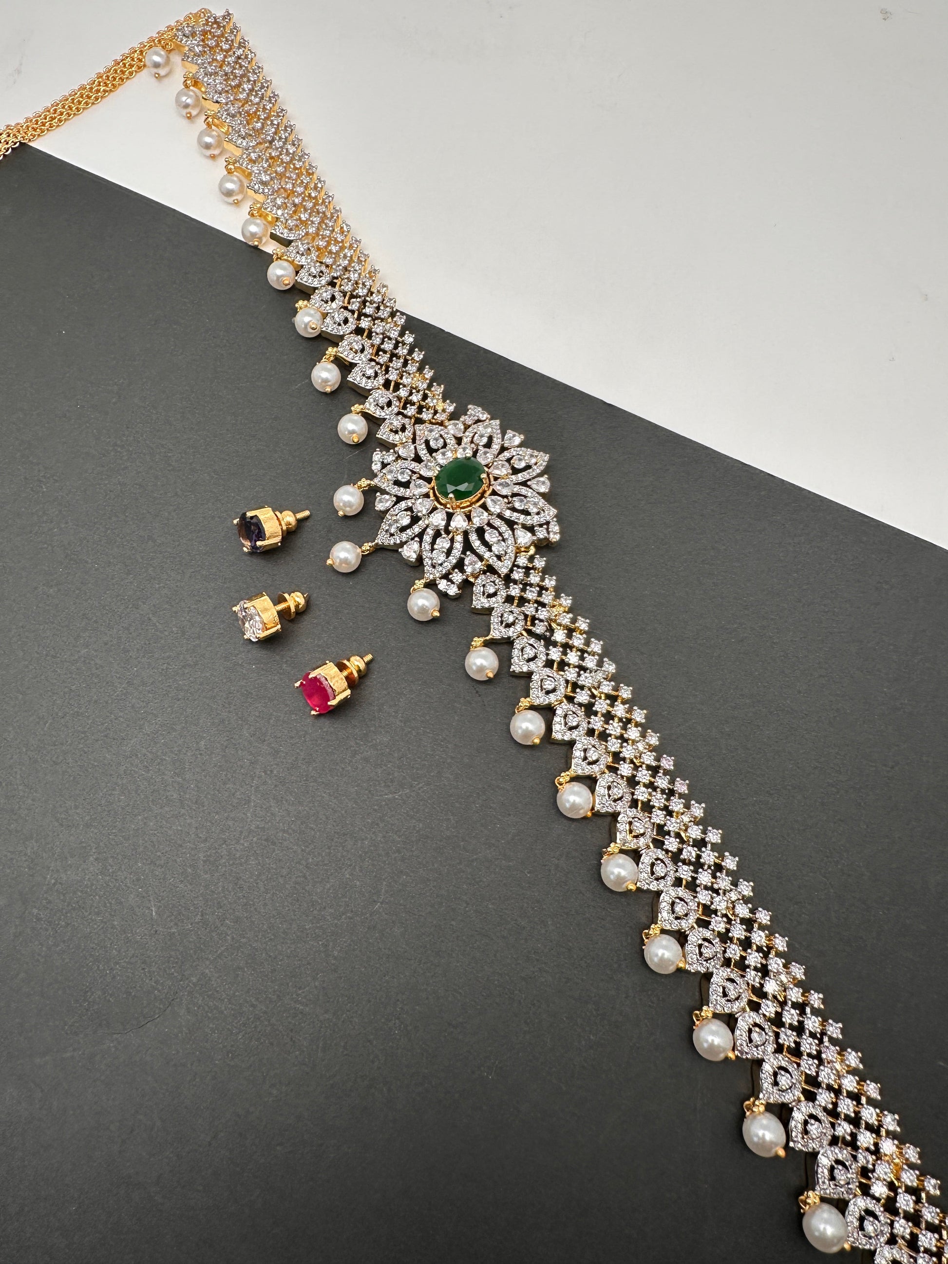 AD Diamond Changeable Color Stone Pearls Hip Chain Kamarbandh