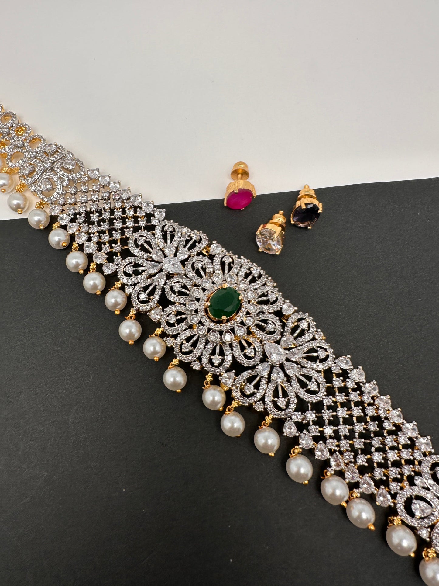 AD Diamond Changeable Color Stone Pearls Hip Chain Kamarbandh
