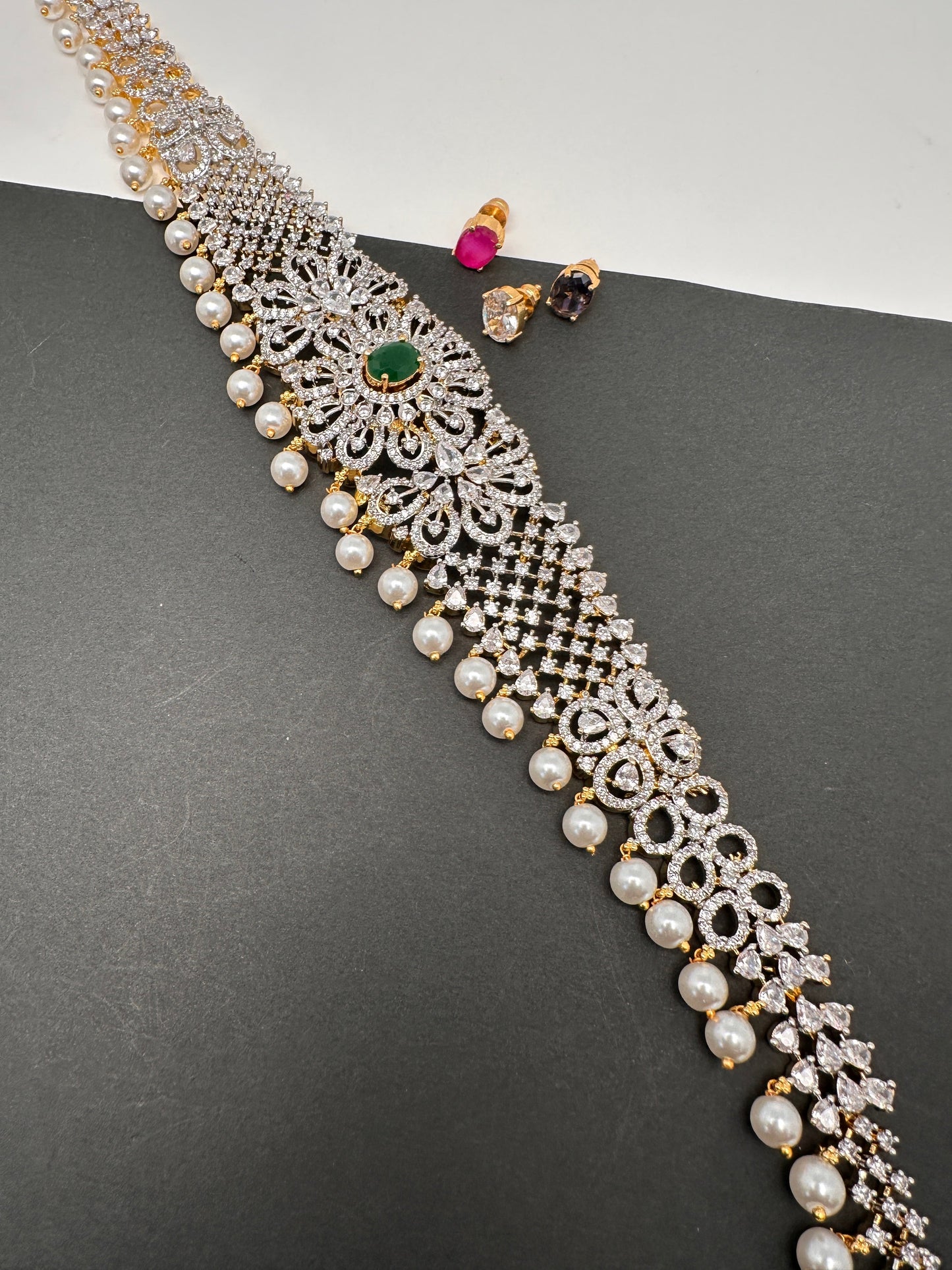 AD Diamond Changeable Color Stone Pearls Hip Chain Kamarbandh