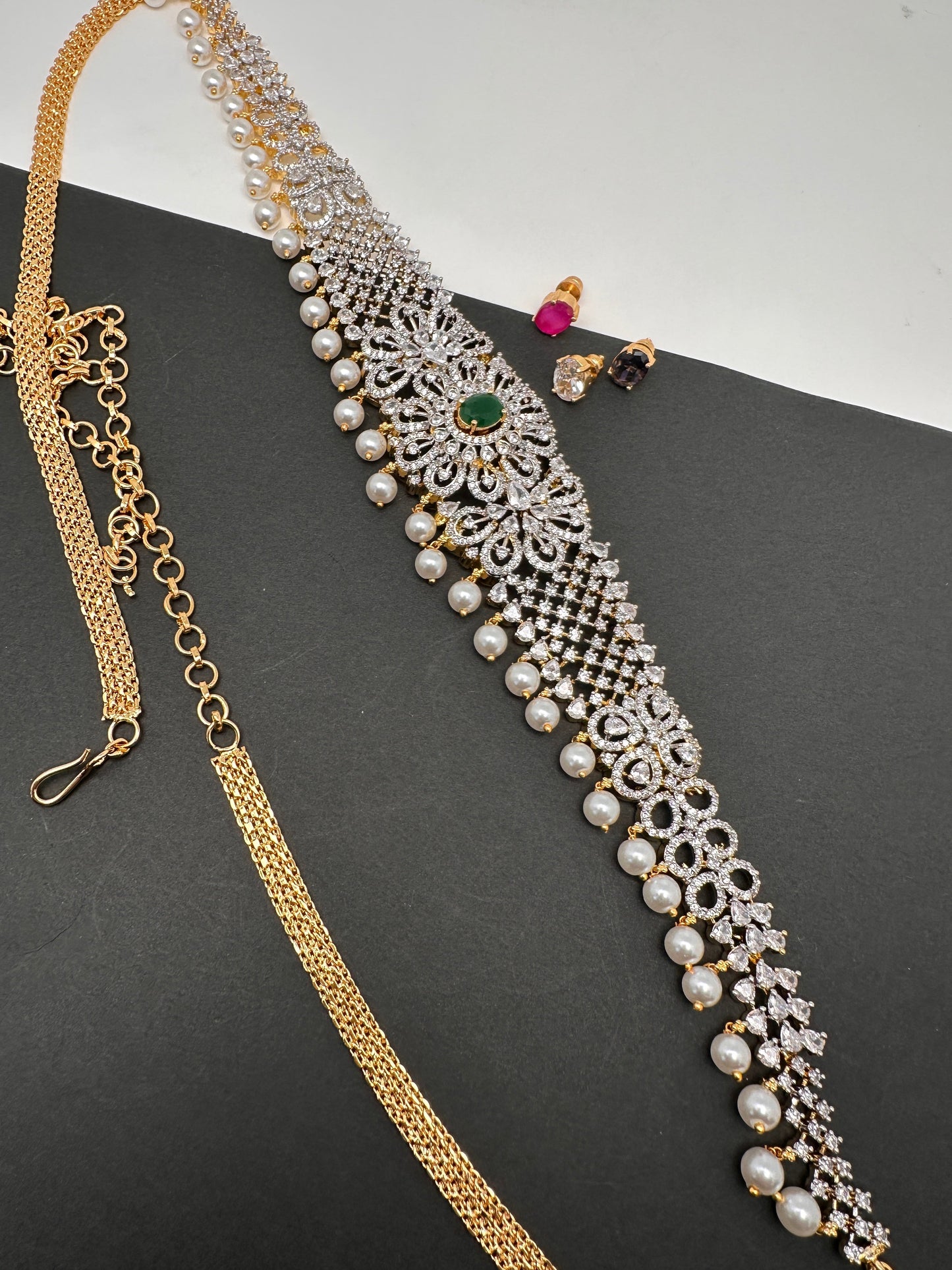 AD Diamond Changeable Color Stone Pearls Hip Chain Kamarbandh