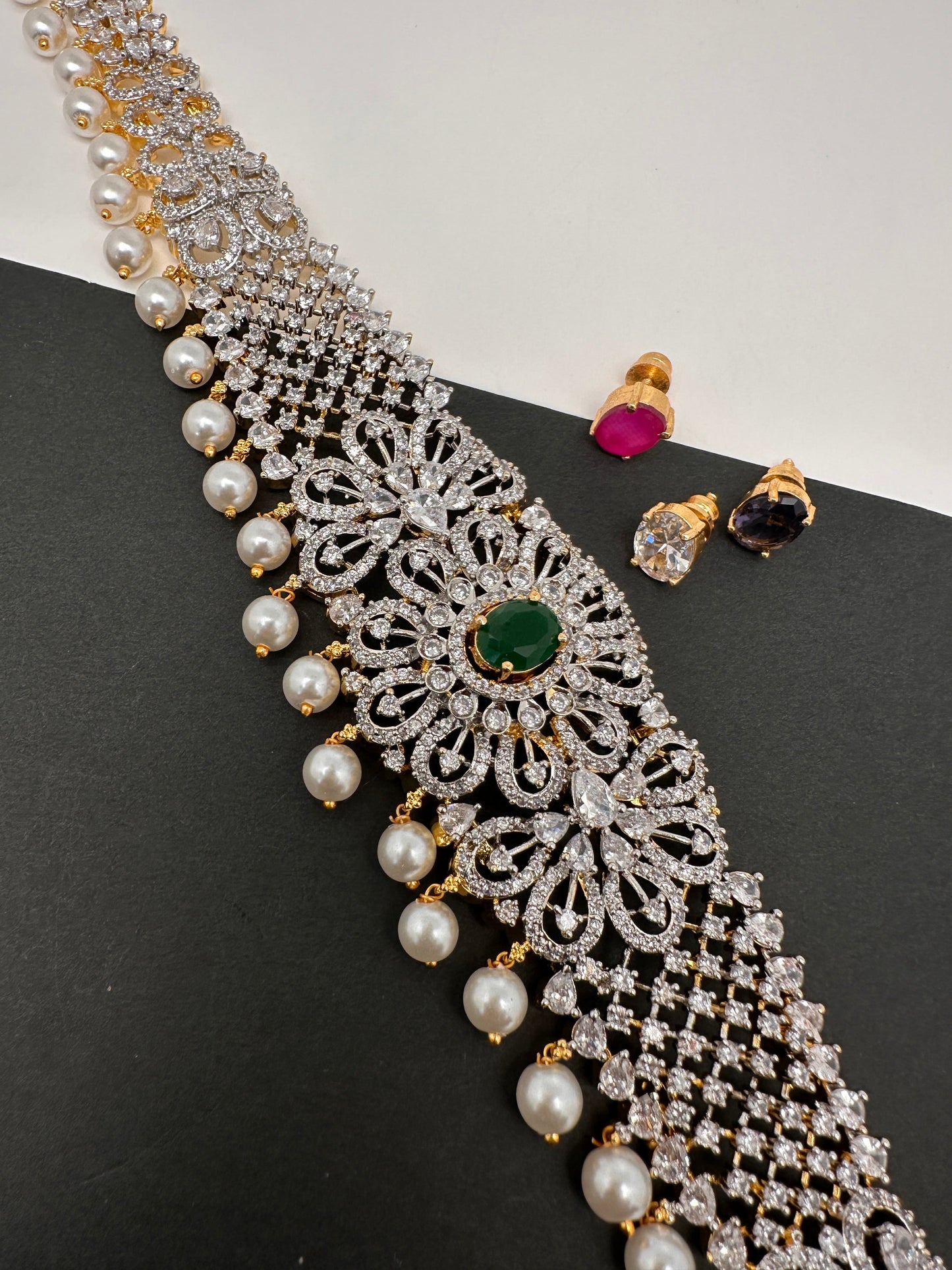 AD Diamond Changeable Color Stone Pearls Hip Chain Kamarbandh