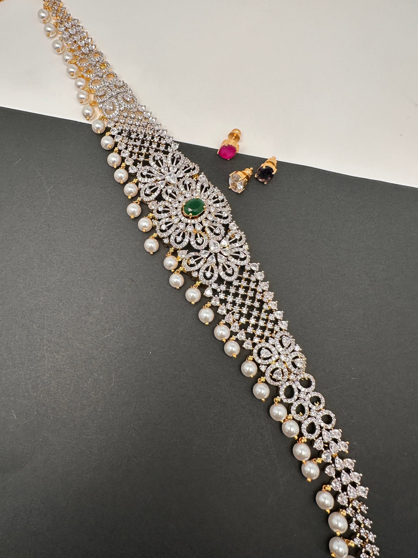 AD Diamond Changeable Color Stone Pearls Hip Chain Kamarbandh