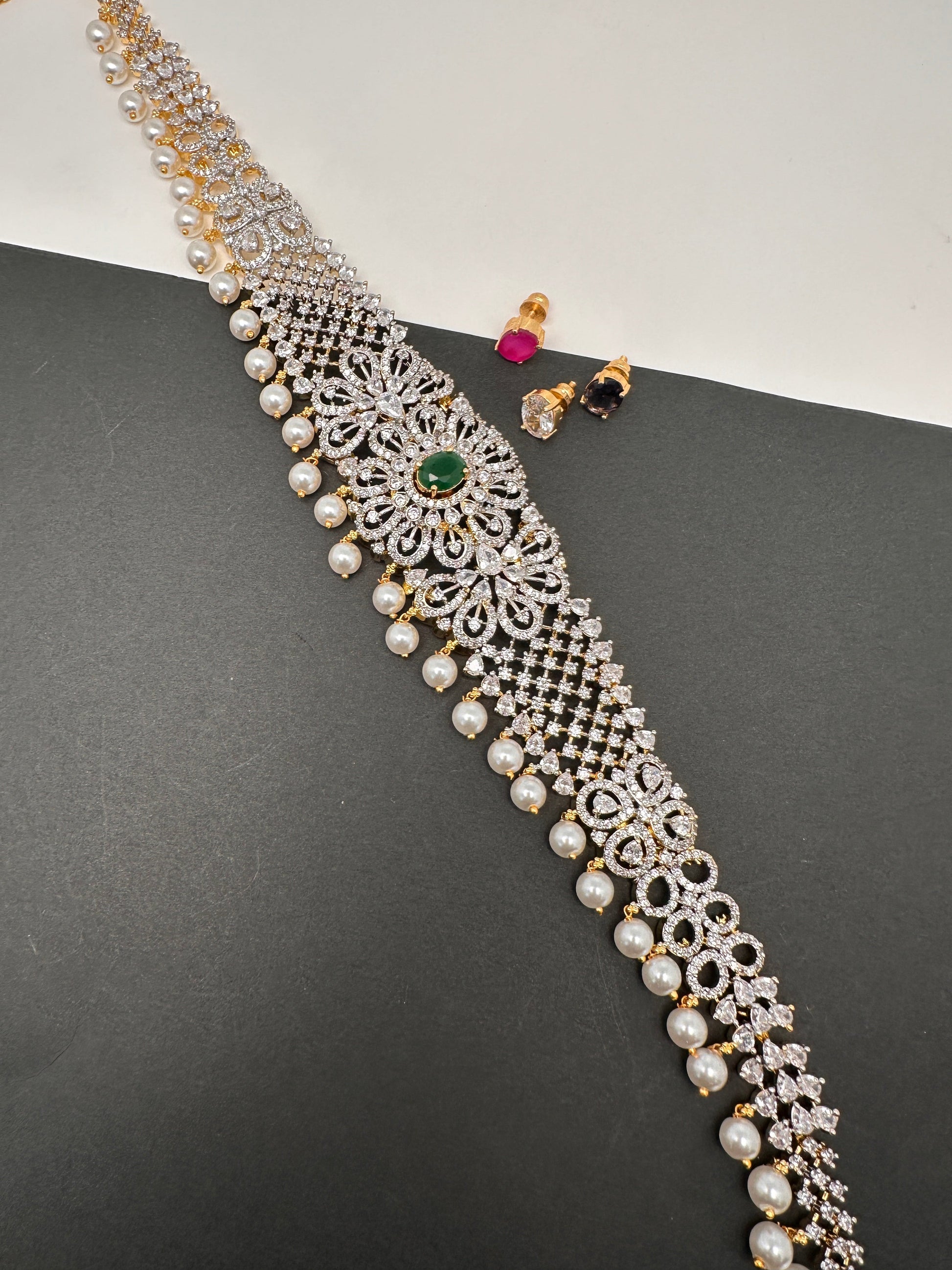 AD Diamond Changeable Color Stone Pearls Hip Chain Kamarbandh