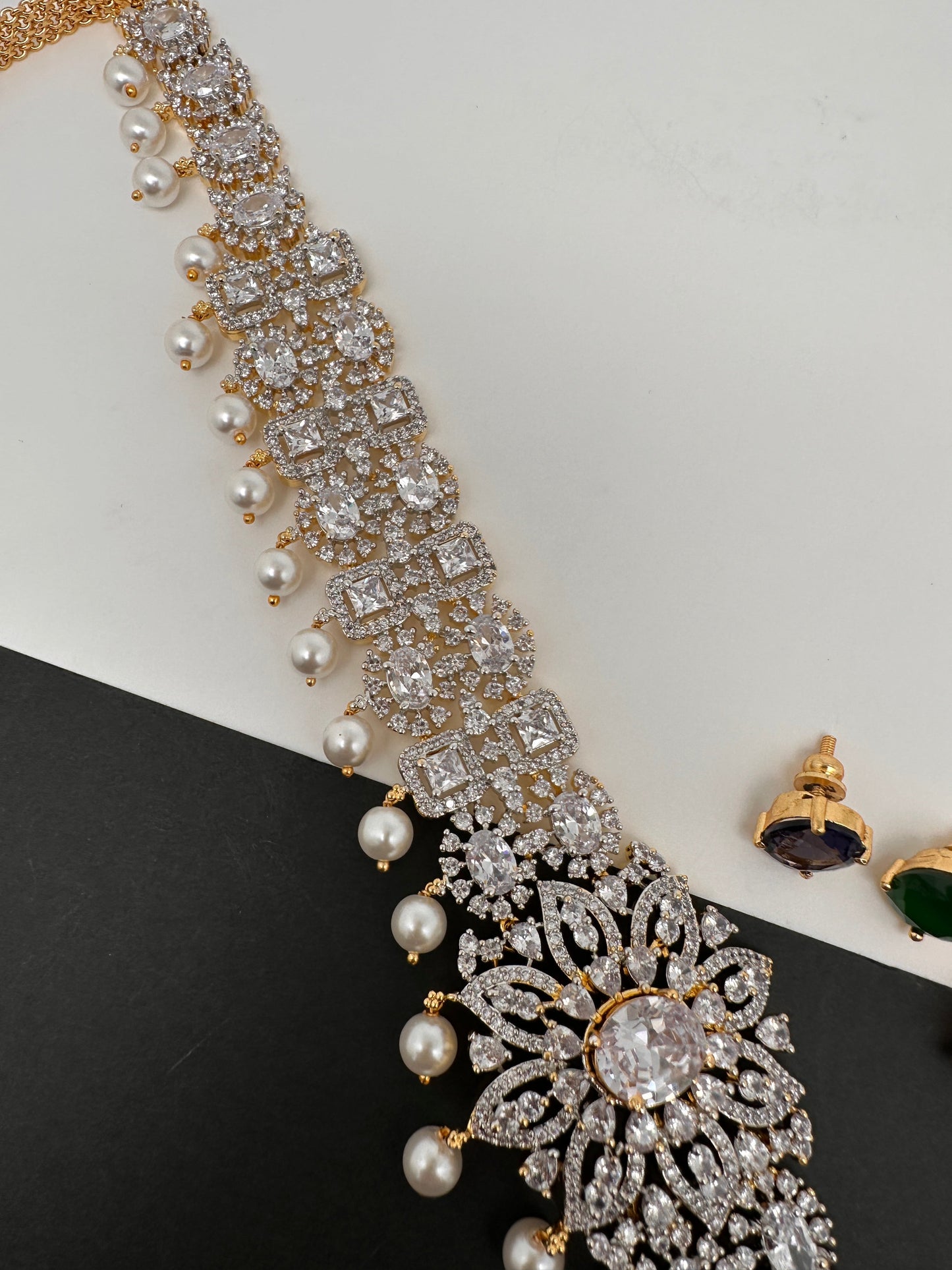 AD Diamond Changeable Color Stone Pearls Hip Chain Kamarbandh