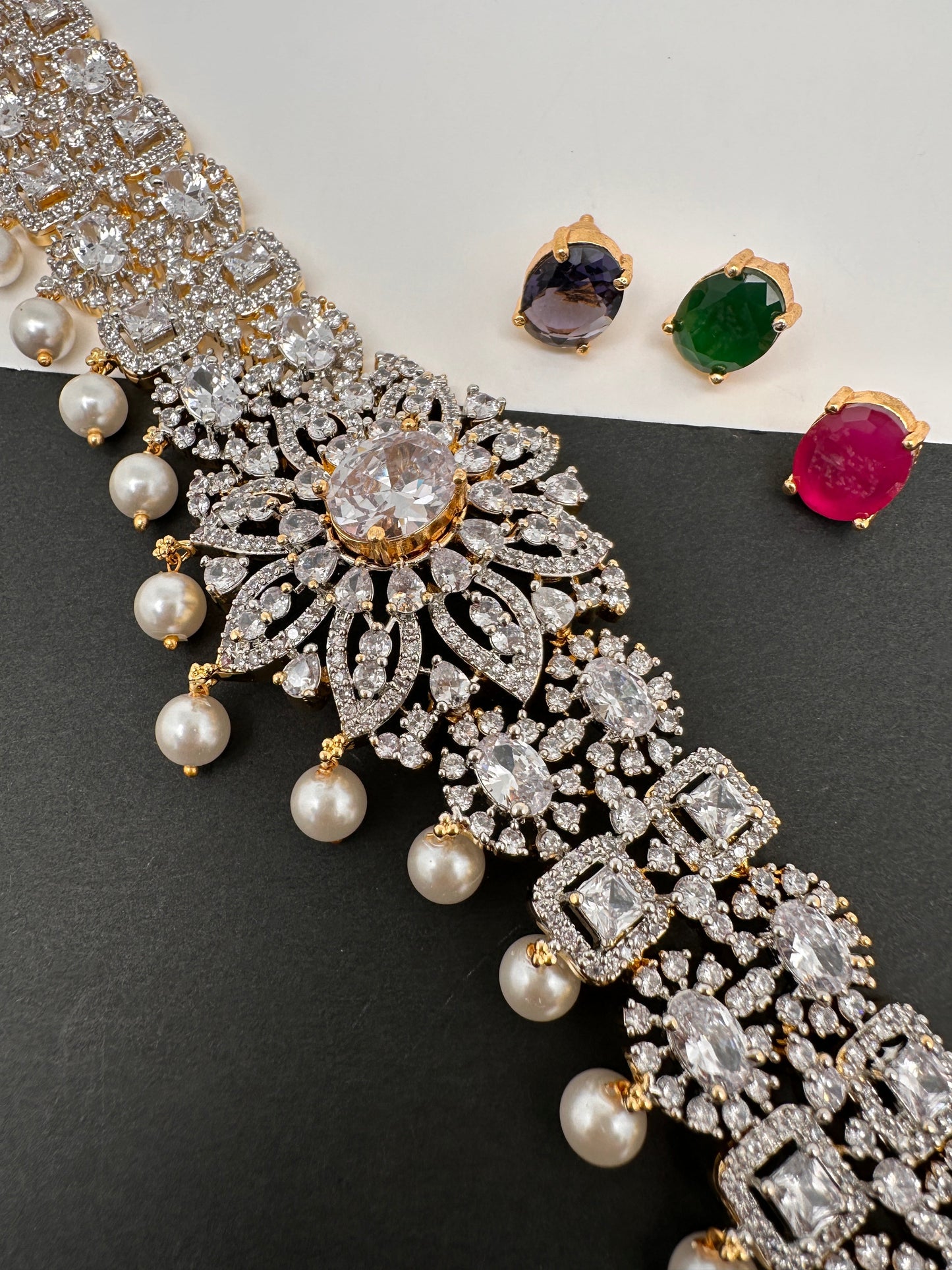 AD Diamond Changeable Color Stone Pearls Hip Chain Kamarbandh