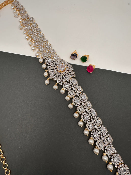 AD Diamond Changeable Color Stone Pearls Hip Chain Kamarbandh