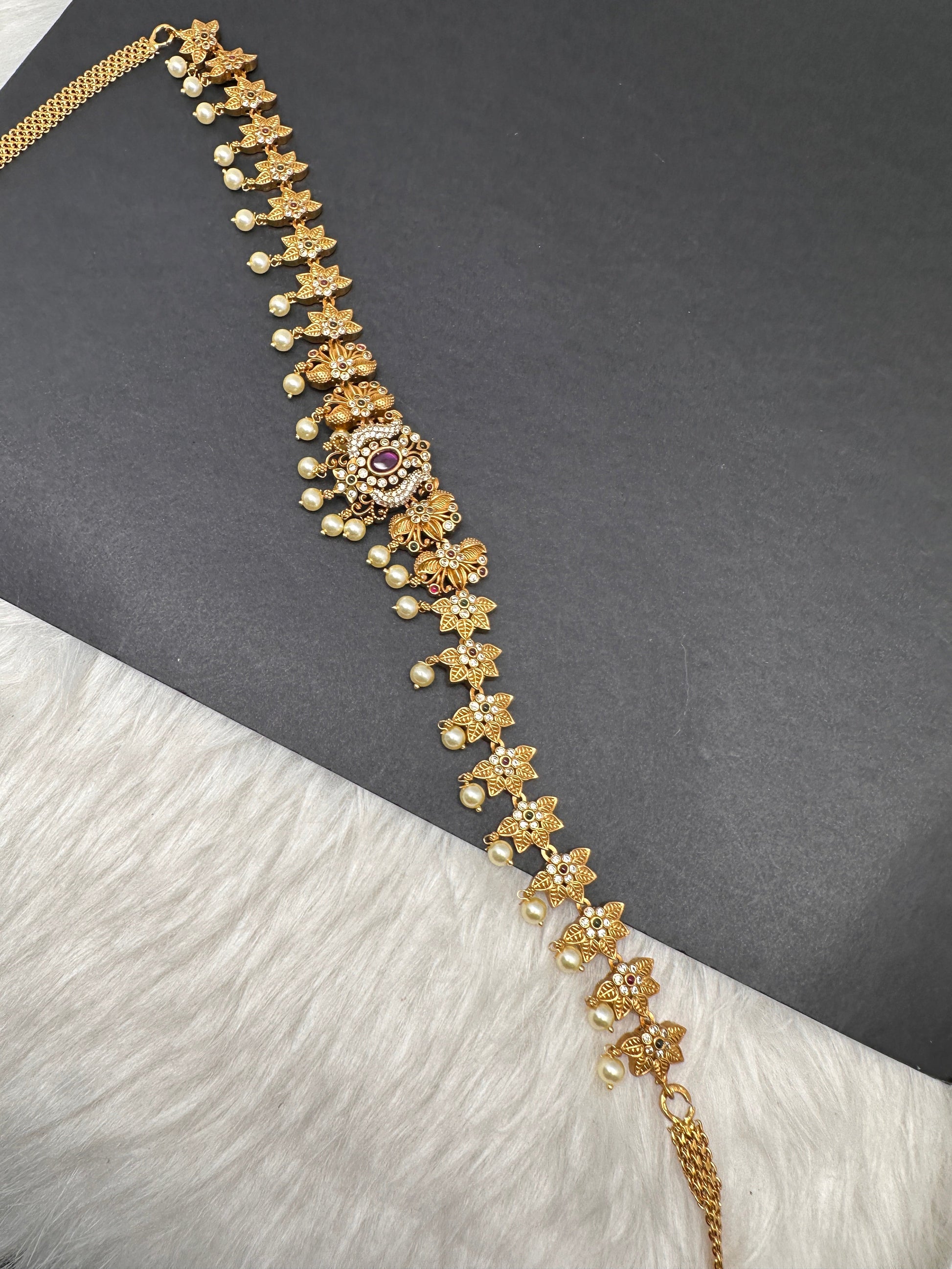 Sleek CZ Matte Multi Stone Matte Finish  Hip Chain Saree Belt