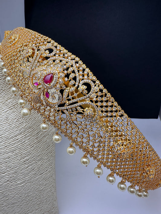 CZ Red Stones Gold Finish Hip Belt Vaddanam