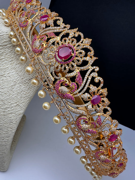 Ruby Red Peacock Gold Finish Hip Belt Vaddanam