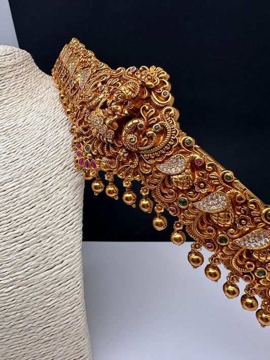 Goddess Lakshmi Peacock CZ Self Design Matte Hip Belt