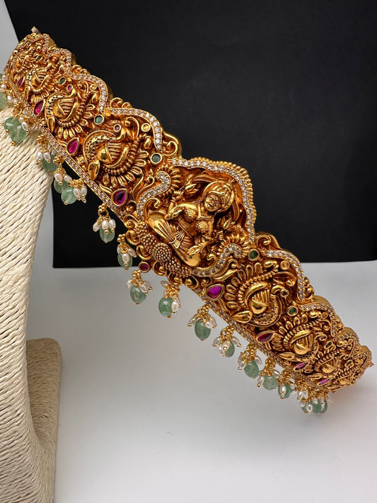 Matte Nakshi Goddess Lakshmi Hip Belt With Real Emerald Beads Vaddanam