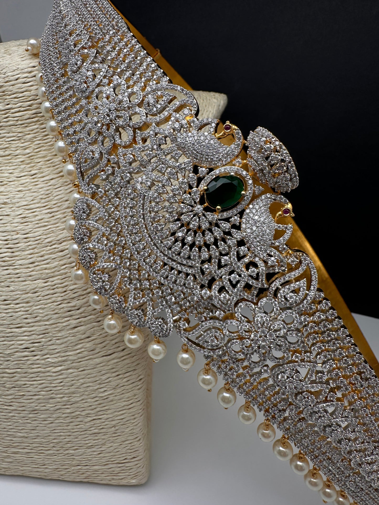 AD Peacock Diamond Finish Emerald Green Stone Hip Belt Kamarbandh