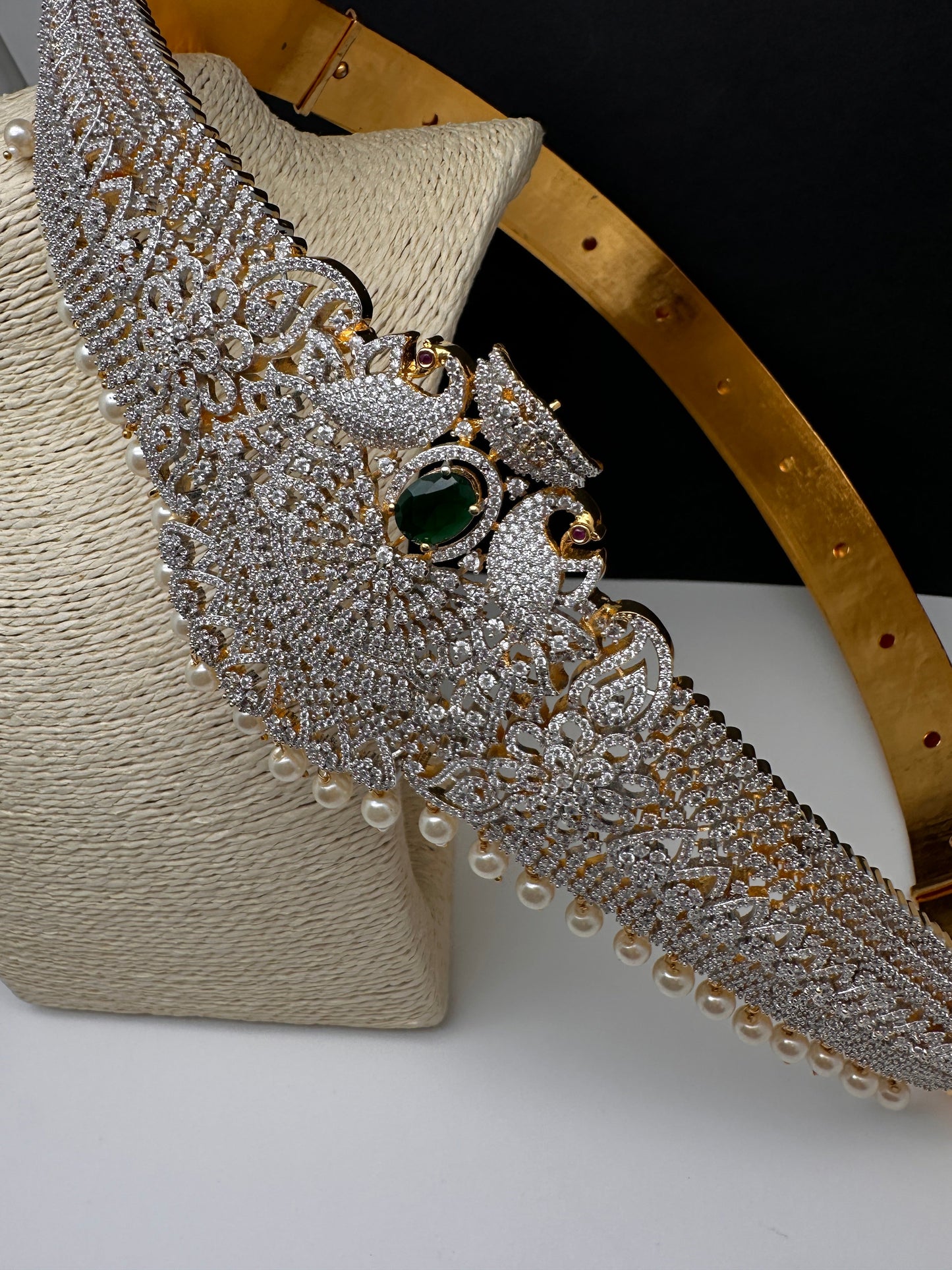AD Peacock Diamond Finish Emerald Green Stone Hip Belt Kamarbandh
