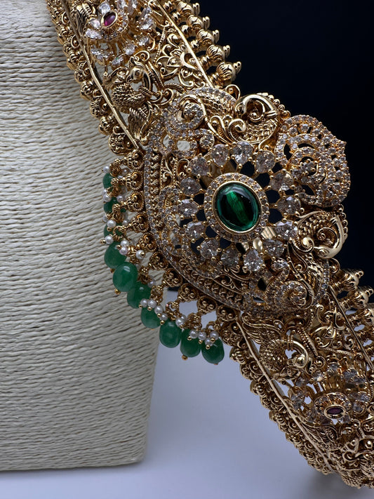 Matte Goddess Lakshmi Green Potta Stones Hip Belt Kamarbandh