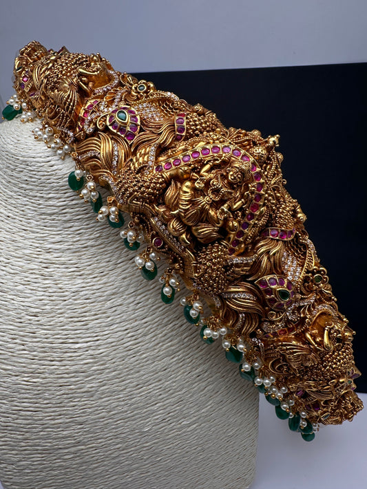 Matte Goddess Lakshmi Nakshi Hip Belt Kamarbandh with Kemp and CZ