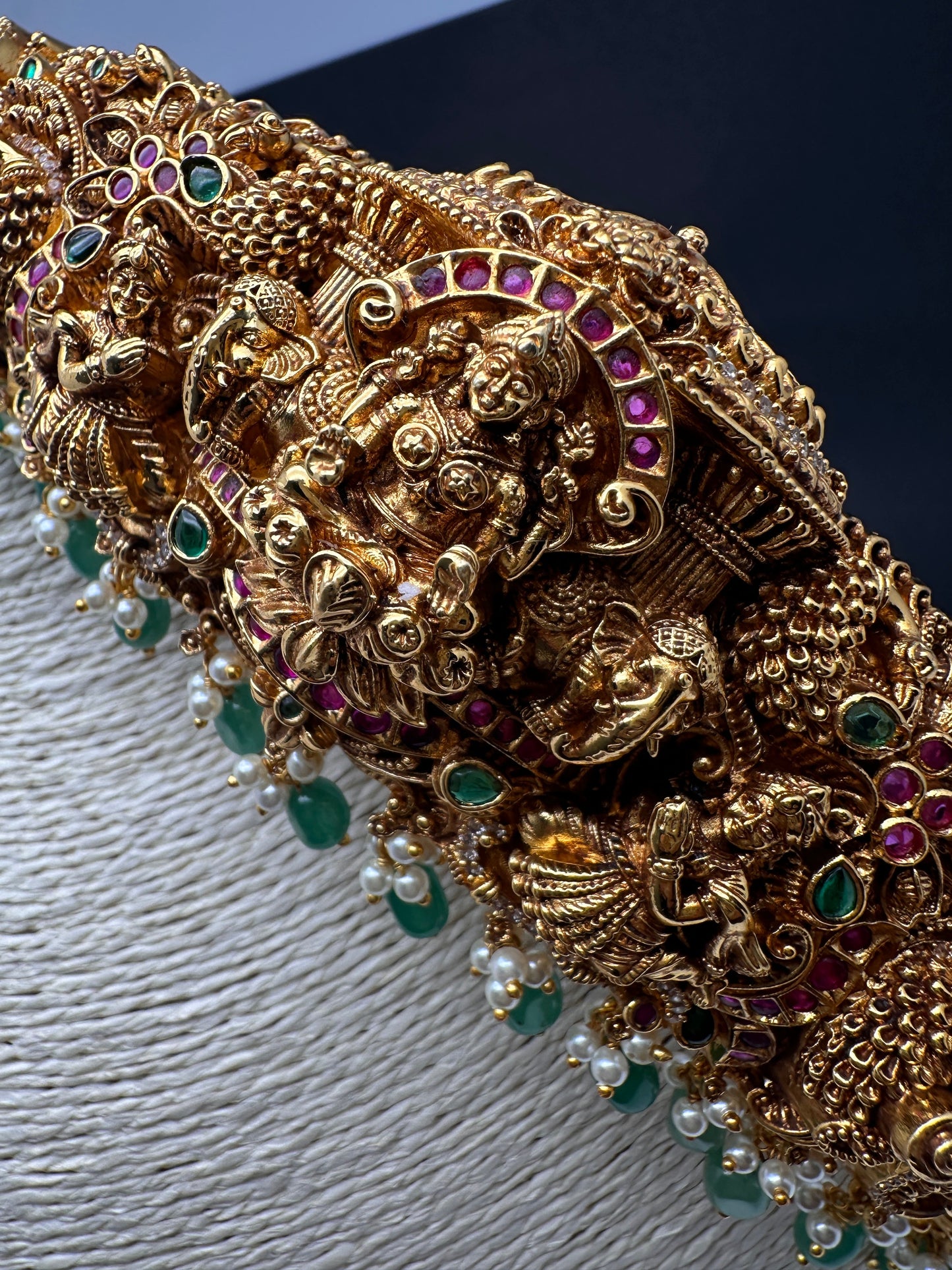 Matte Goddess Lakshmi Nakshi Hip Belt Kamarbandh with Kemp and CZ Emerald Beads