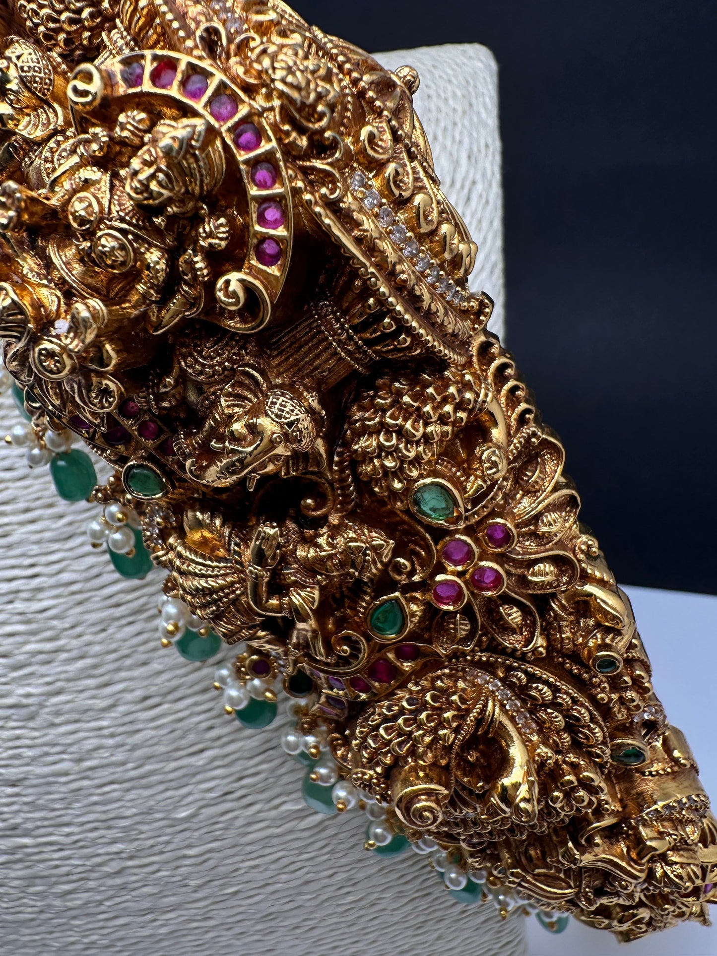 Matte Goddess Lakshmi Nakshi Hip Belt Kamarbandh with Kemp and CZ Emerald Beads