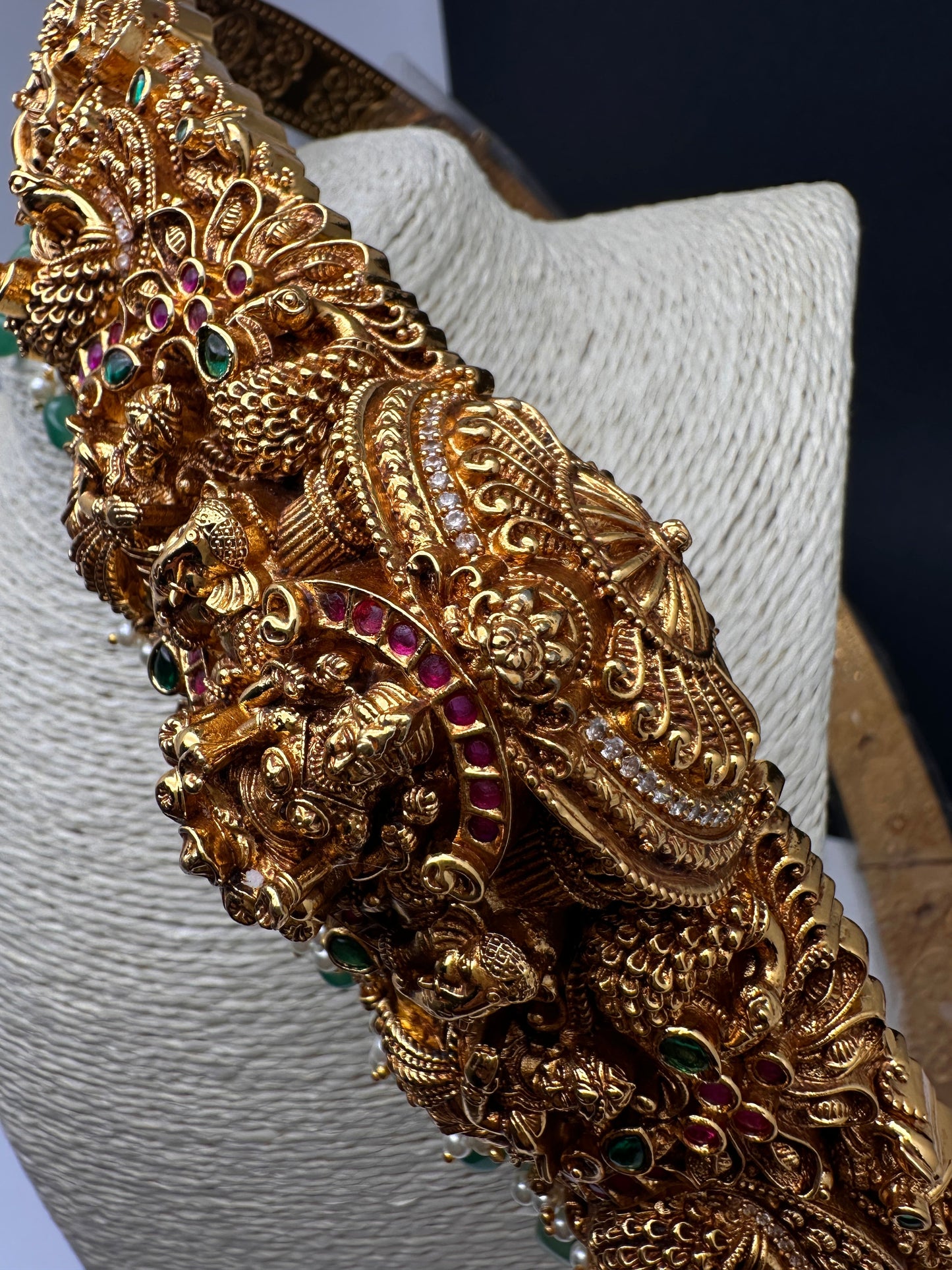 Matte Goddess Lakshmi Nakshi Hip Belt Kamarbandh with Kemp and CZ Emerald Beads