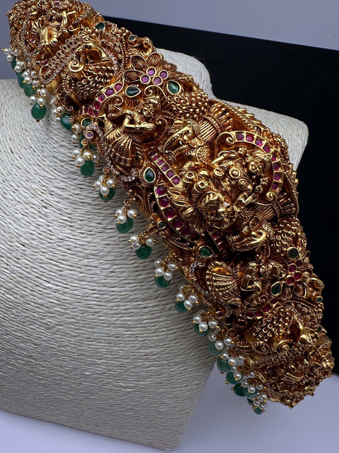 Matte Goddess Lakshmi Nakshi Hip Belt Kamarbandh with Kemp and CZ Emerald Beads