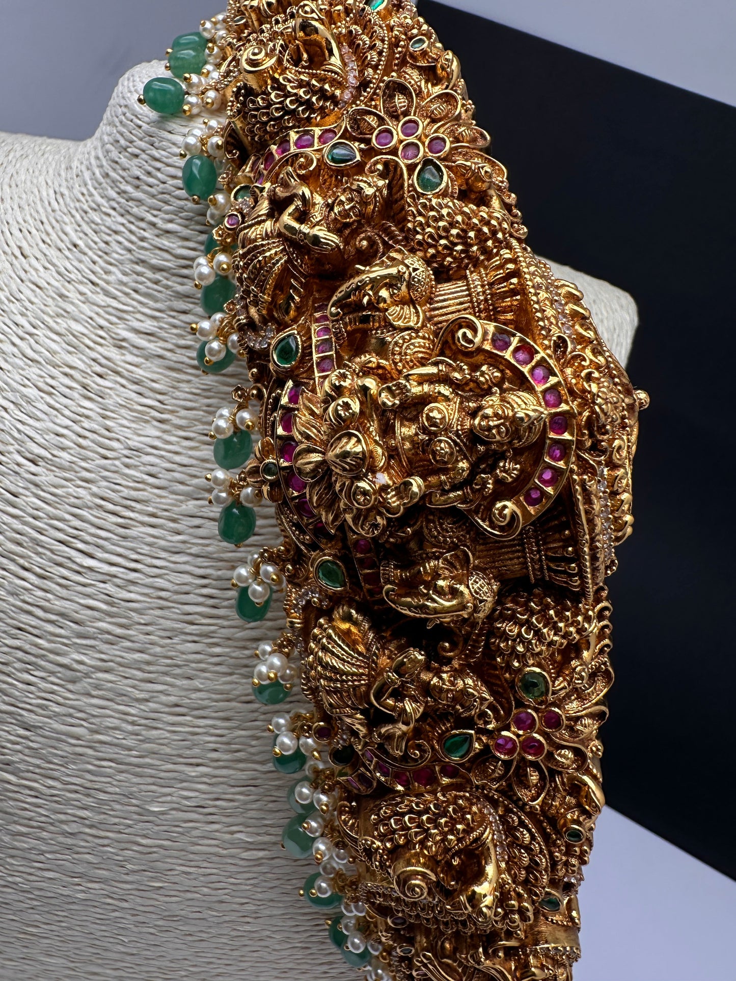 Matte Goddess Lakshmi Nakshi Hip Belt Kamarbandh with Kemp and CZ Emerald Beads