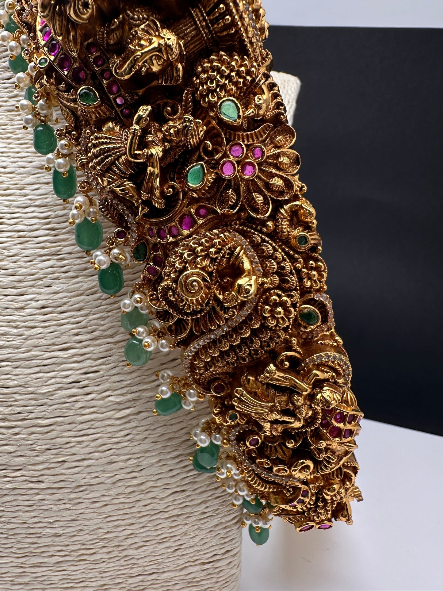 Matte Goddess Lakshmi Nakshi Hip Belt Kamarbandh with Kemp and CZ Emerald Beads