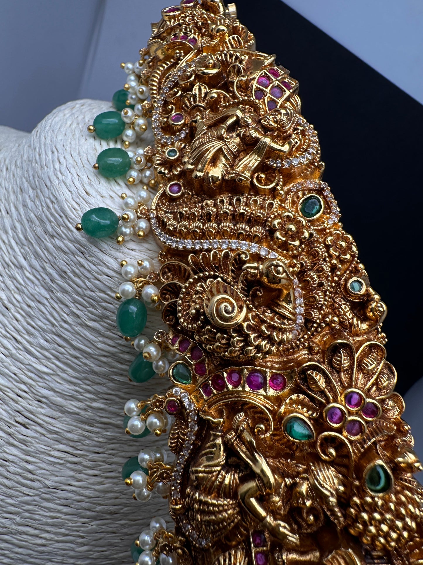 Matte Goddess Lakshmi Nakshi Hip Belt Kamarbandh with Kemp and CZ Emerald Beads