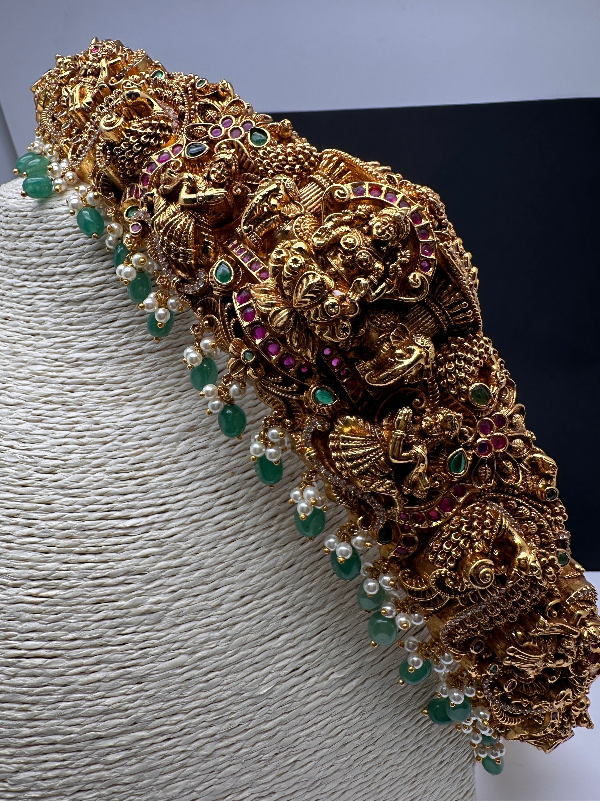 Matte Goddess Lakshmi Nakshi Hip Belt Kamarbandh with Kemp and CZ Emerald Beads