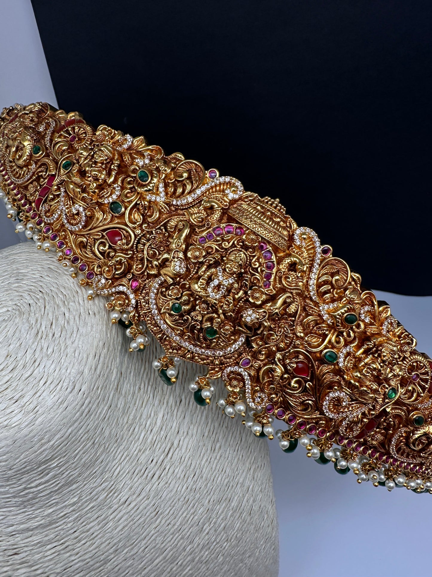 Matte Goddess Lakshmi Nakshi Hip Belt Kamarbandh with Kemp and CZ Green Beads - 