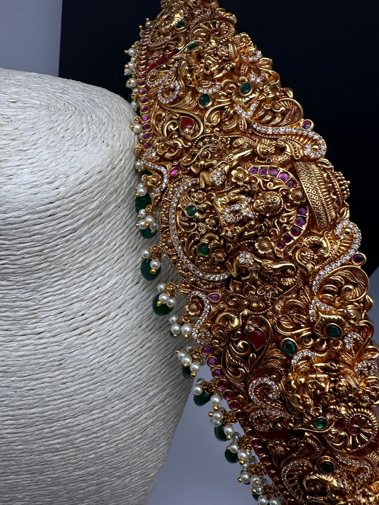 Matte Goddess Lakshmi Nakshi Hip Belt Kamarbandh with Kemp and CZ Green Beads - 