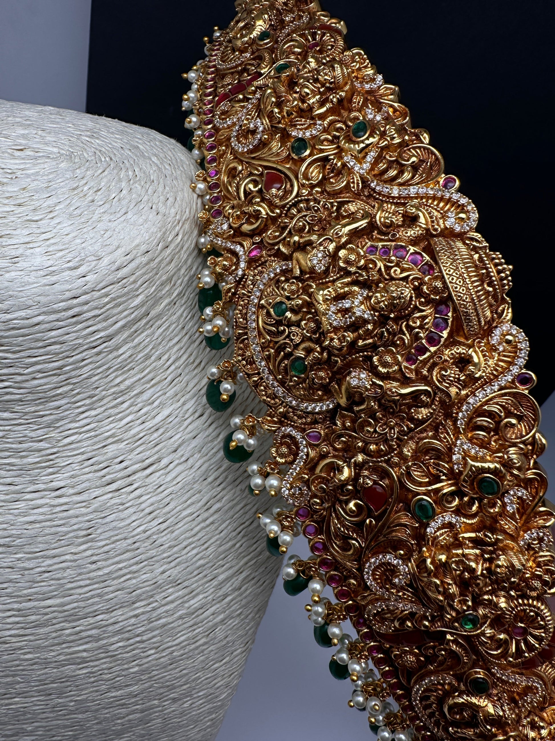 Matte Goddess Lakshmi Nakshi Hip Belt Kamarbandh with Kemp and CZ Green Beads - 