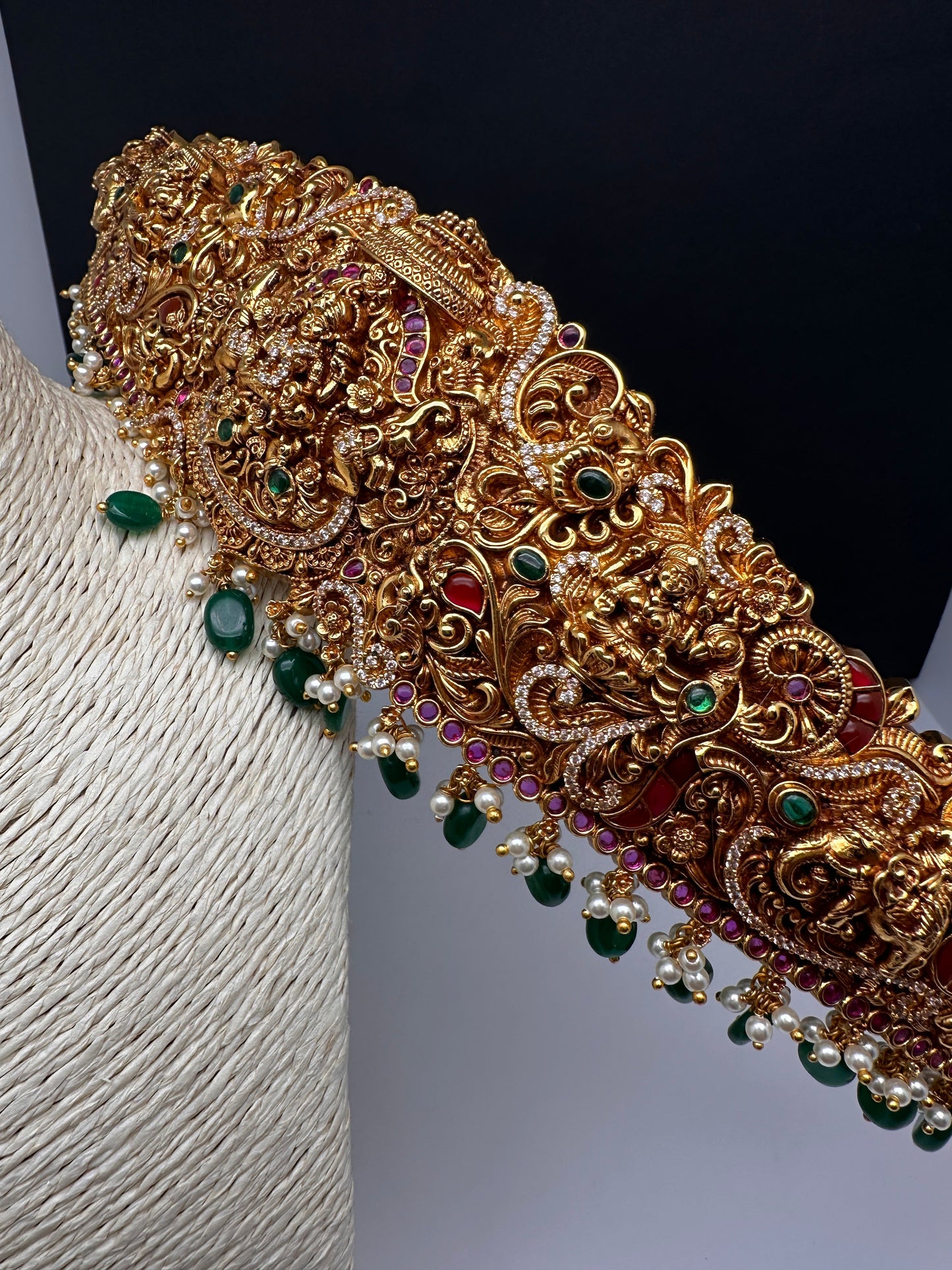 Matte Goddess Lakshmi Nakshi Hip Belt Kamarbandh with Kemp and CZ Green Beads - 