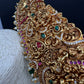 Matte Goddess Lakshmi Nakshi Hip Belt Kamarbandh with Kemp and CZ Green Beads - 