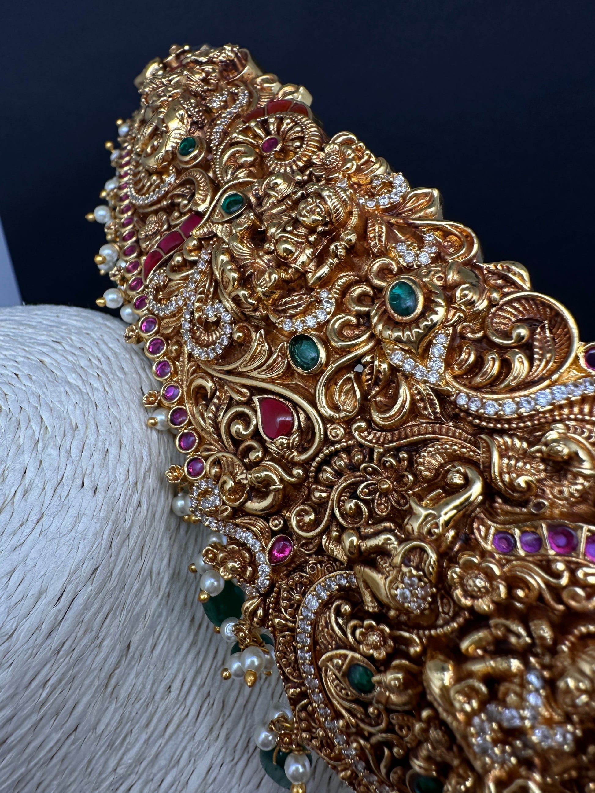 Matte Goddess Lakshmi Nakshi Hip Belt Kamarbandh with Kemp and CZ Green Beads - 