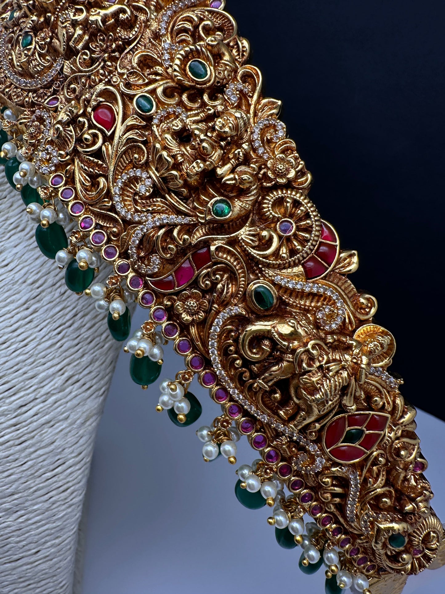Matte Goddess Lakshmi Nakshi Hip Belt Kamarbandh with Kemp and CZ Green Beads - 