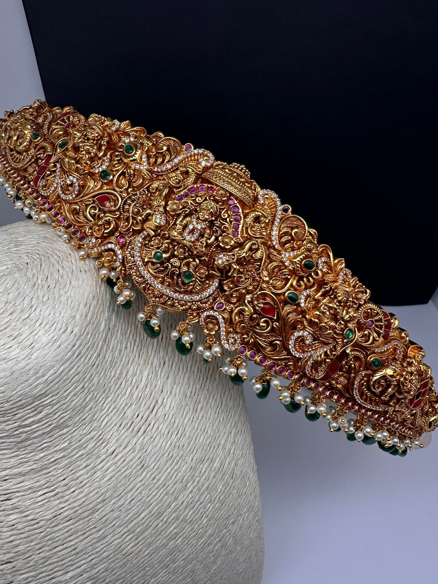Matte Goddess Lakshmi Nakshi Hip Belt Kamarbandh with Kemp and CZ Green Beads - 