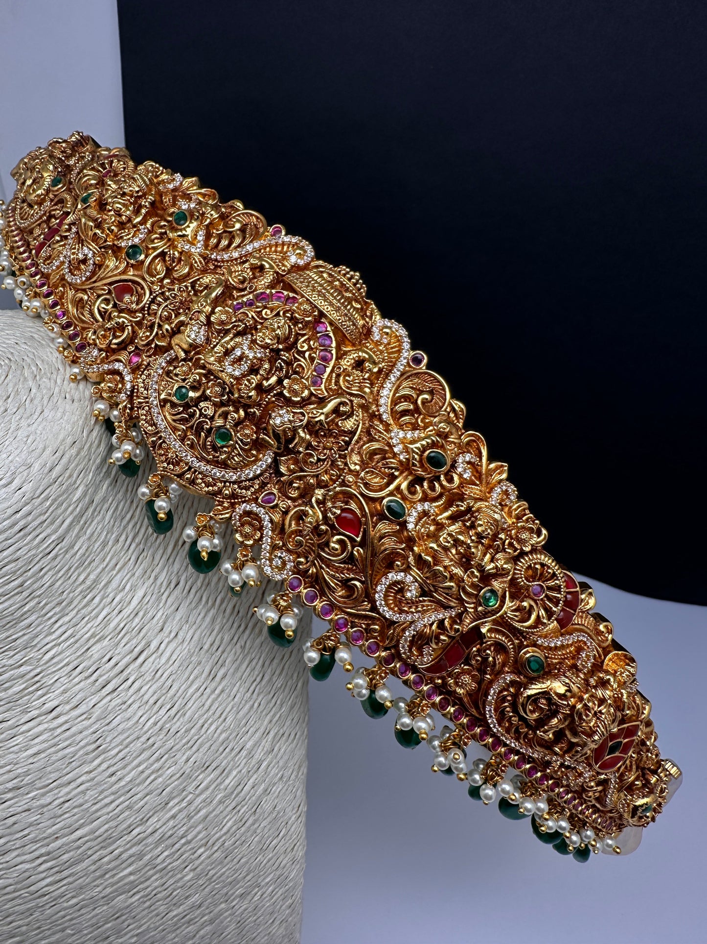 Matte Goddess Lakshmi Nakshi Hip Belt Kamarbandh with Kemp and CZ Green Beads - 