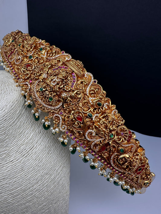 Matte Goddess Lakshmi Nakshi Hip Belt Kamarbandh with Kemp and CZ Green Beads - 