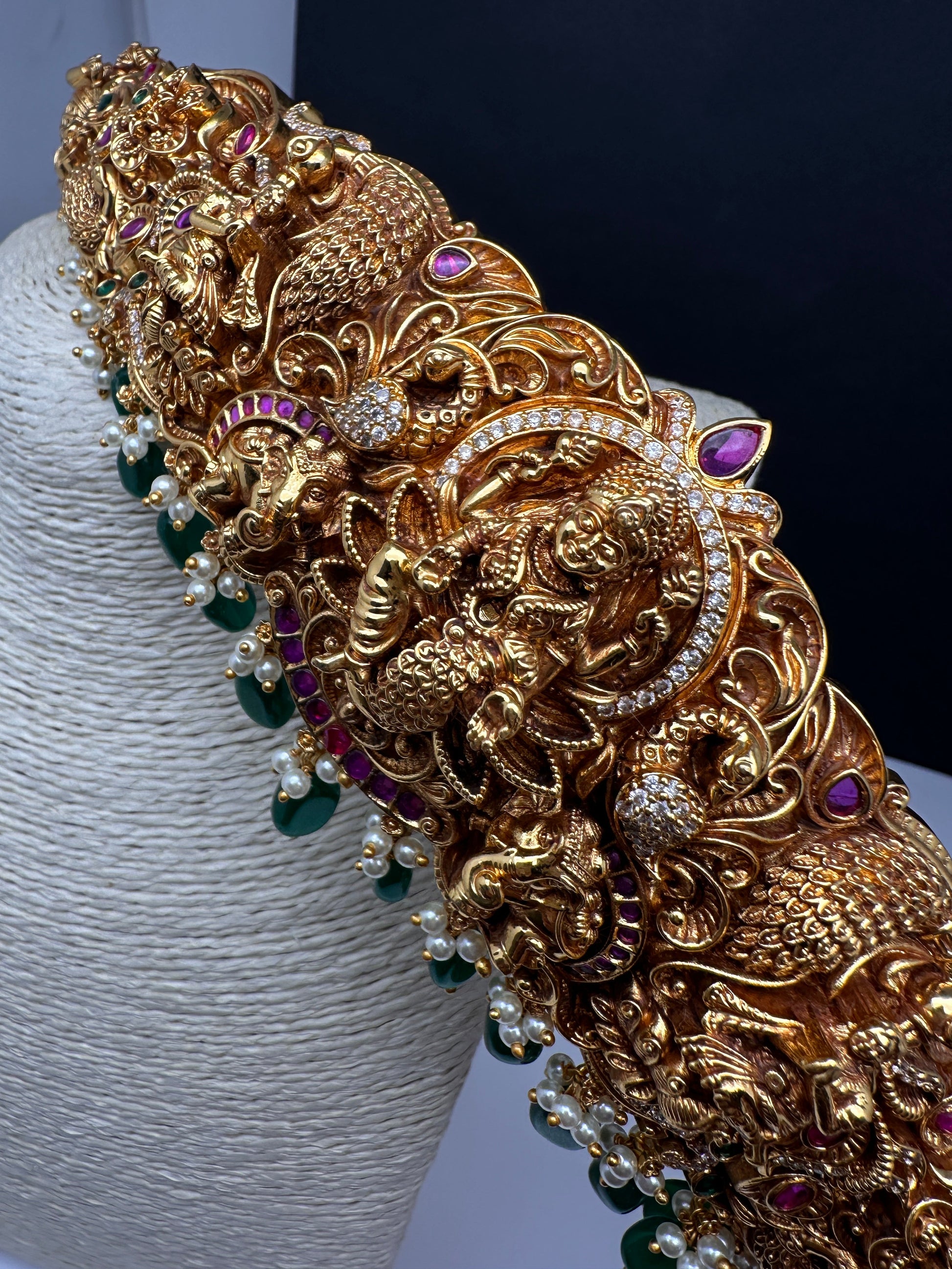 Matte Goddess Lakshmi Nakshi Hip Belt Kamarbandh with Kemp and CZ Green Beads - 