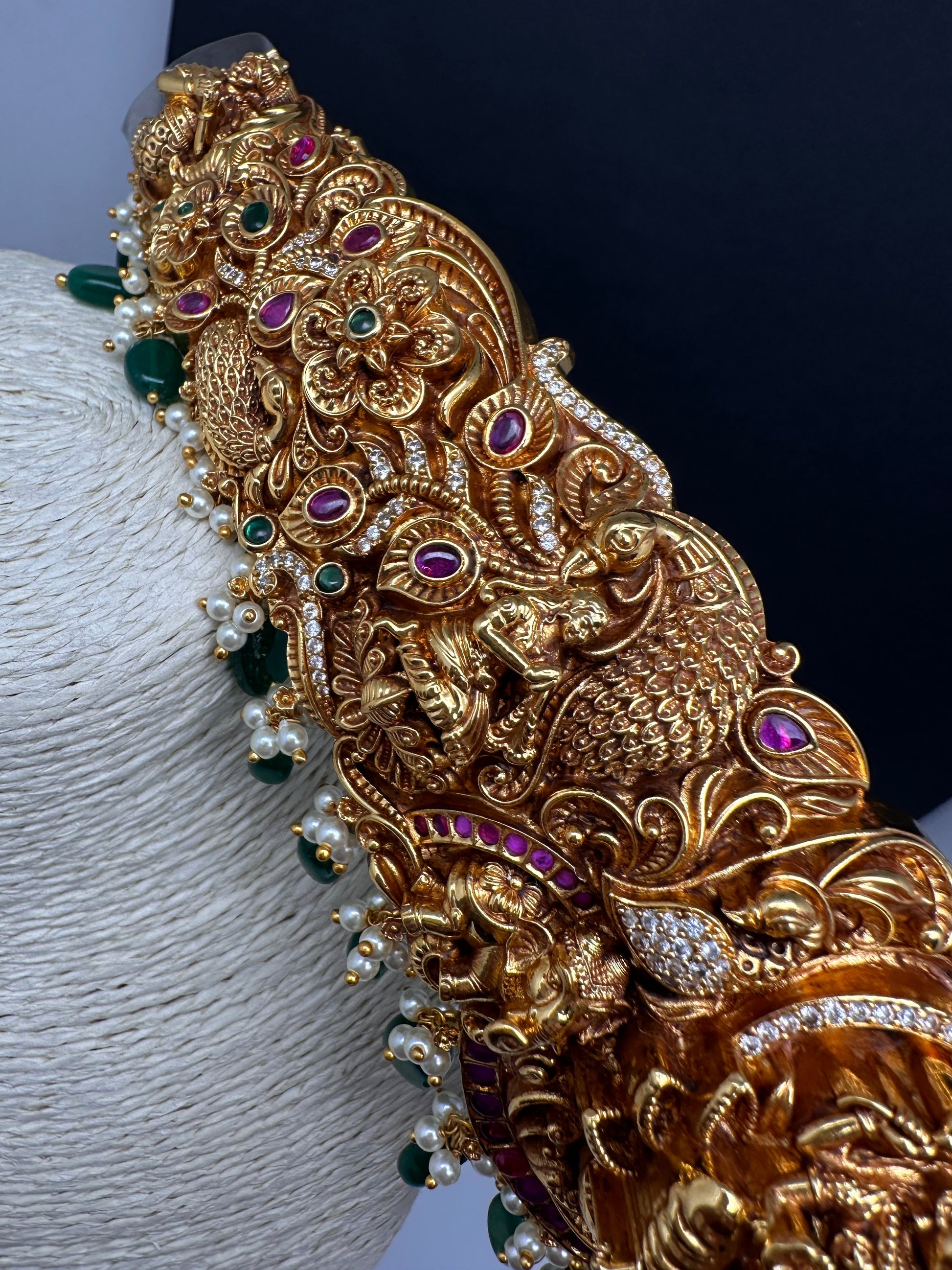 Matte Goddess Lakshmi Nakshi Hip Belt Kamarbandh with Kemp and CZ Green Beads - 