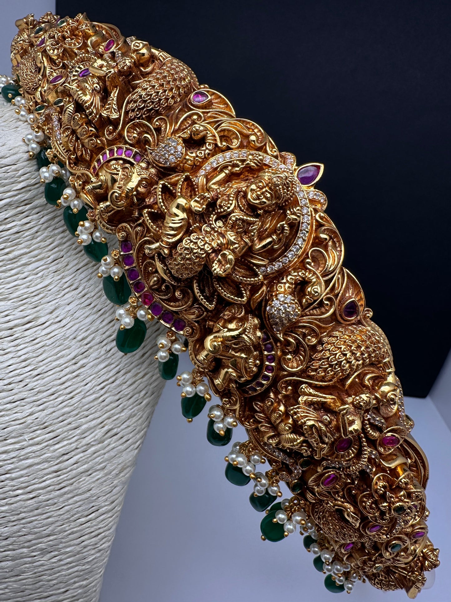 Matte Goddess Lakshmi Nakshi Hip Belt Kamarbandh with Kemp and CZ Green Beads - 