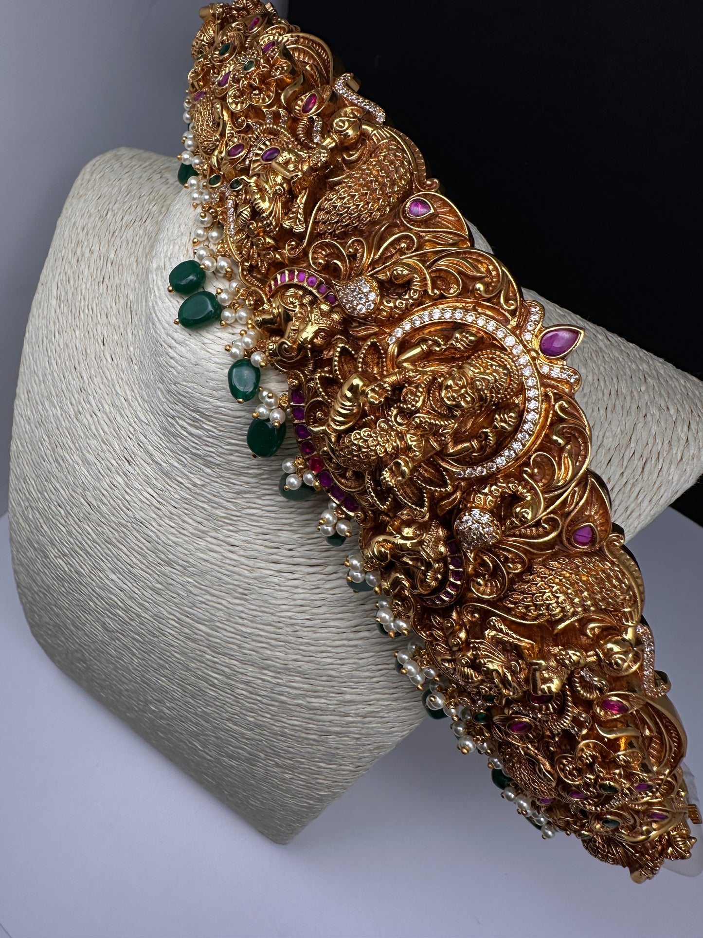 Matte Goddess Lakshmi Nakshi Hip Belt Kamarbandh with Kemp and CZ Green Beads - 