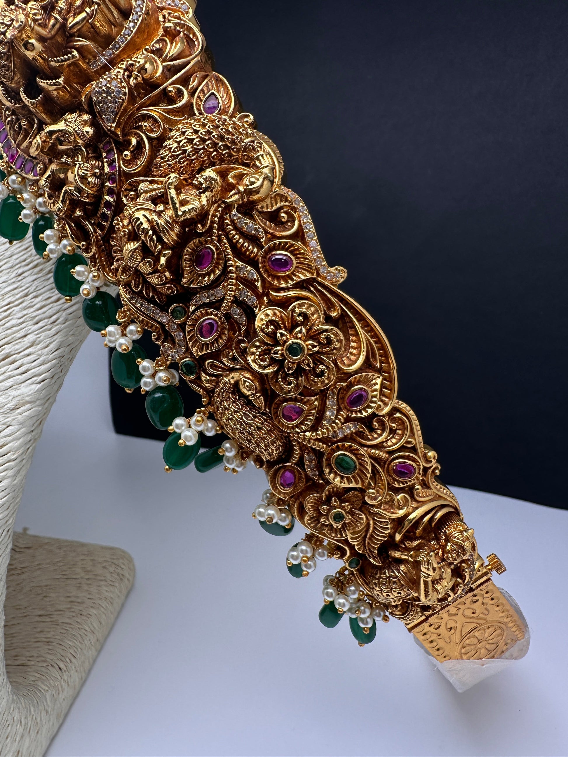 Matte Goddess Lakshmi Nakshi Hip Belt Kamarbandh with Kemp and CZ Green Beads - 
